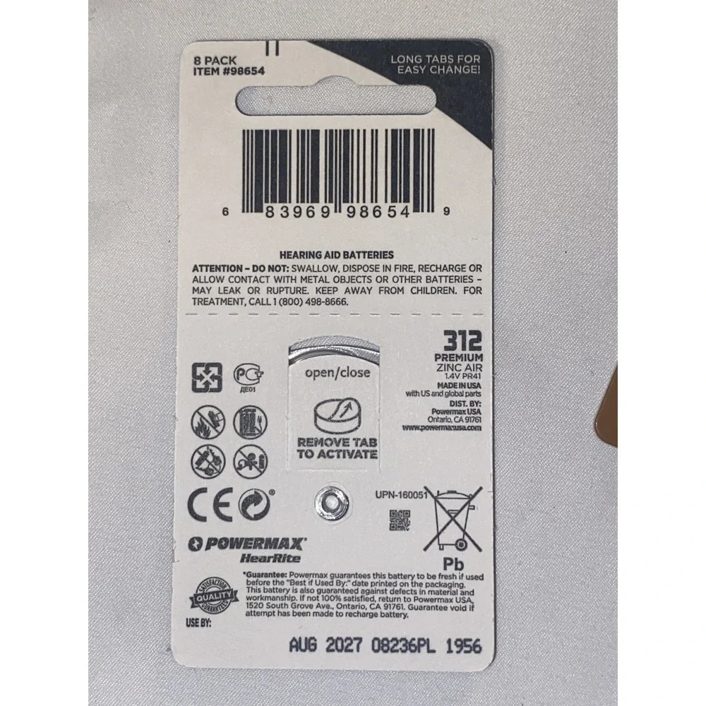 Powermax Size 312 Hearing Aid Batteries, Brown Tab 32-Count‎ | Expire April 2027